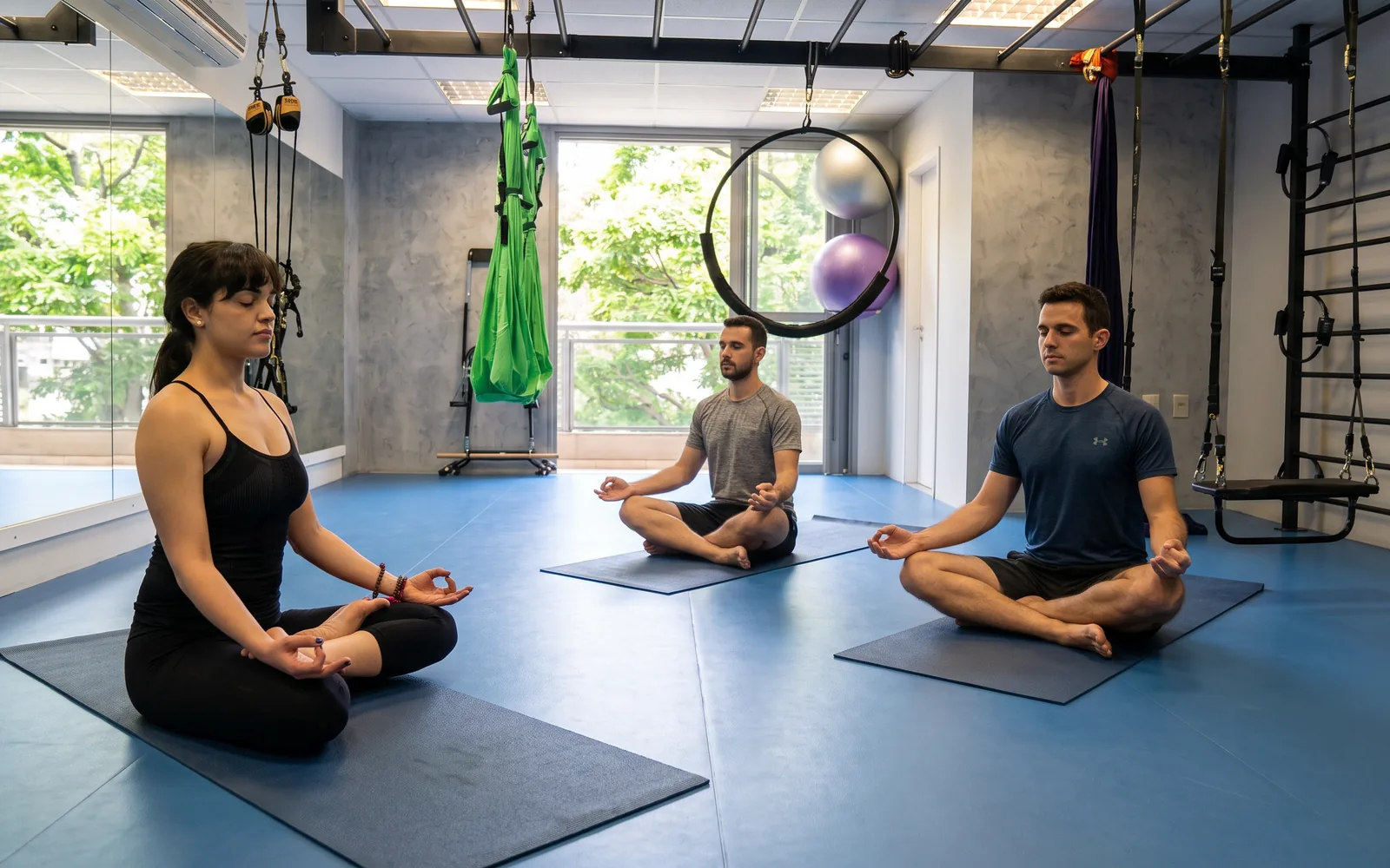 Três alunos sentados em posição de meditação sobre os tatames do estúdio da Saúde Urbana, com janelas para as árvores